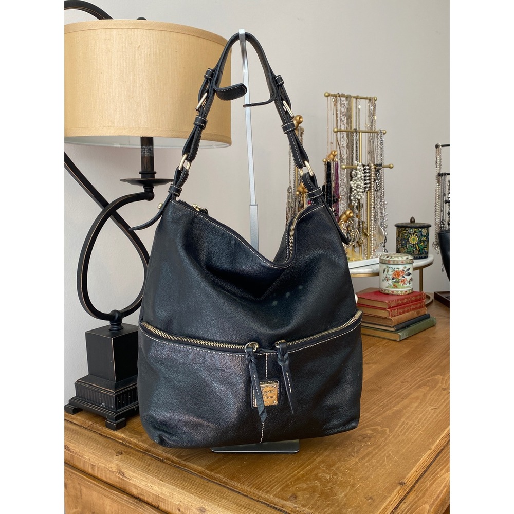 Dooney & Bourke Black Pebbled Leather Hobo Shoulder Bag Contrast Stitch Tassel
